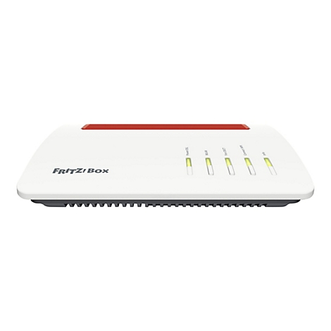 Weiße AVM FRITZ!Box Router mit rotem Lüftungsgitter und fünf leuchtenden Status-LEDs auf weißem Hintergrund.