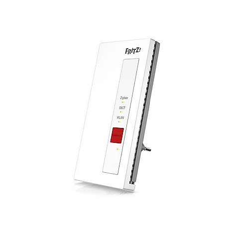 Weißer Router mit rotem Knopf und blauen Anzeigen. Aufschrift: FRITZ! Anzeigen für Zigbee, DECT, WLAN.