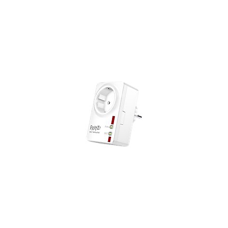 Weißer AVM FRITZ!Repeater für die Steckdose mit Status- und DECT-LEDs vor neutralem Hintergrund.