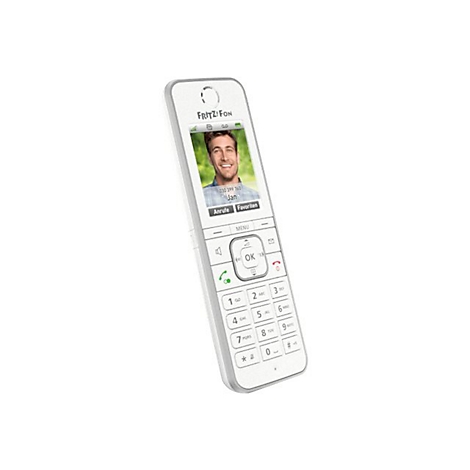 Téléphone DECT blanc avec écran. On peut voir un homme sur l'écran. Les appels, les favoris et un numéro de téléphone sont également sur l'écran.