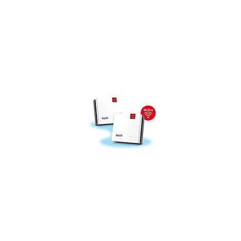 Zwei weiße Router mit rotem Quadrat und "Wi-Fi 6" Logo.