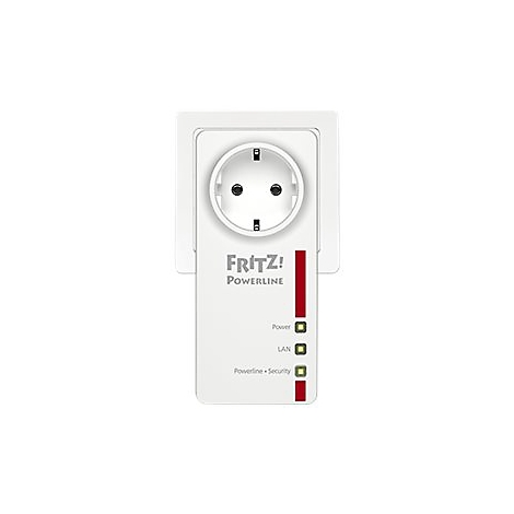 Weißer FRITZ!Powerline-Adapter steckt in einer Steckdose mit drei Status-LEDs.