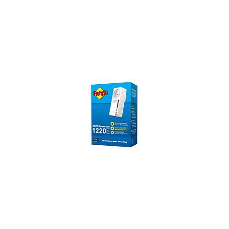 Blaue Produktverpackung des FRITZ!Powerline 1220E Adapters mit dem Produktbild auf der Vorderseite.