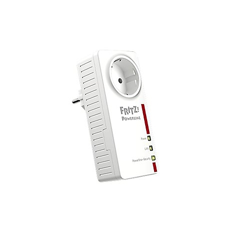 Weißer Fritz!Powerline-Adapter mit integrierter Steckdose und drei grünen Status-LEDs auf weißem Grund.