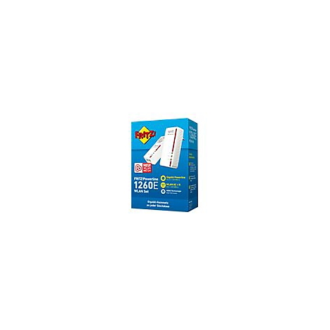 Blaue Produktverpackung des FRITZ!Powerline 1260E WLAN Sets mit Abbildung der beiden weißen Powerline-Adapter.