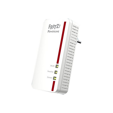 Weißer Fritz!Powerline Adapter mit rotem Zierstreifen und drei Status-LEDs vor neutralem Hintergrund.