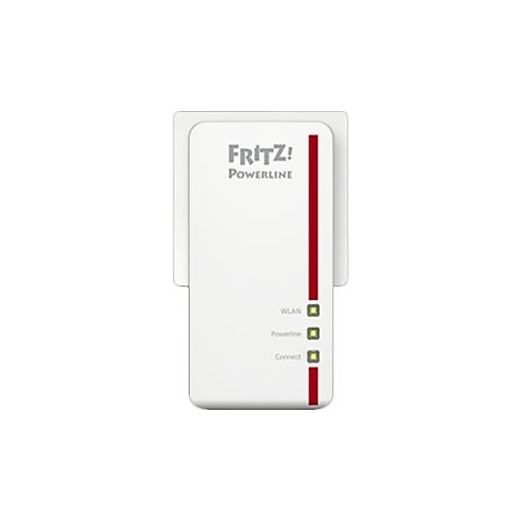 Weißer FRITZ!Powerline-Adapter mit rotem Zierstreifen und Status-LEDs auf weißem Grund.