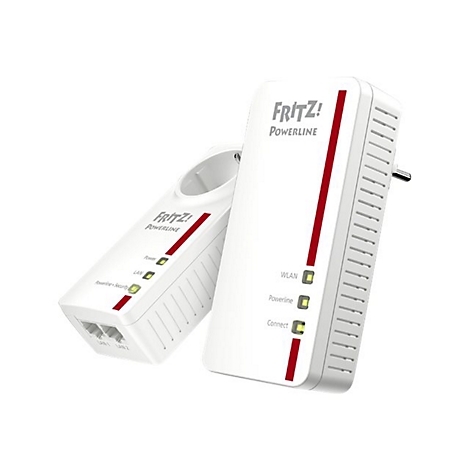 Zwei weiße FRITZ!Powerline-Adapter mit rotem Streifen und leuchtenden Status-LEDs vor weißem Hintergrund.