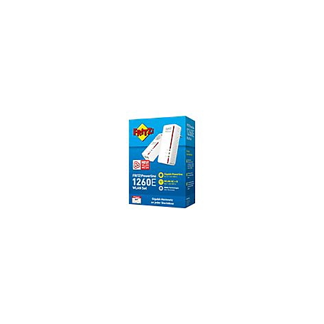 Die blaue Produktverpackung des FRITZ!Powerline 1260E WLAN Sets zeigt zwei weiße Adapter und technische Spezifikationen.