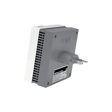 Rückansicht eines weißen und grauen Netzwerk-Adapters mit Stecker. Aufkleber mit technischen Daten und CE-Kennzeichnung.