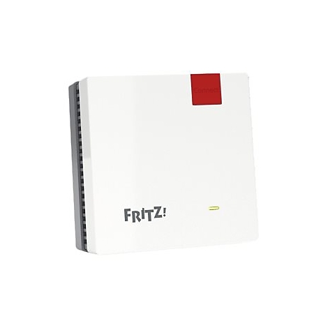 Weißer Fritz! Repeater mit rotem Connect-Button und Logo auf weißem Hintergrund.