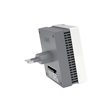 Ein grauer WLAN-Repeater mit Stecker, der in der Steckdose steckt. Der Repeater hat eine weiße Seite mit schwarzen Lamellen.