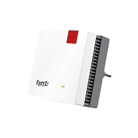Ein weißer Fritz! Repeater, roter Connect-Button, graue Seiten und Stecker. Text: Fritz! und Connect.