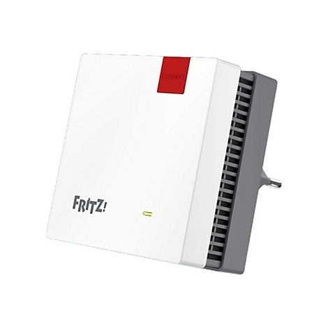 Weißer Fritz! Repeater mit roter Connect-Taste und leuchtender LED vor grauem Kühlgitter.
