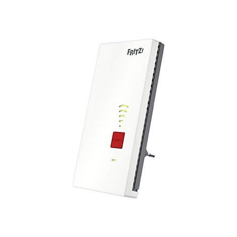 Weißer Fritz Repeater mit roter Connect-Taste und leuchtenden Signalbalken auf weißem Hintergrund.