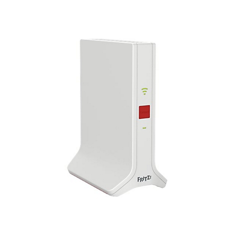 Weißer Router mit rotem Knopf und grünen LED-Leuchten. Logo FRITZ! am unteren Rand.