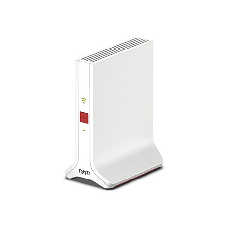 Weißer Fritz!Repeater mit roter Connect-Taste und grünen Status-LEDs vor neutralem Hintergrund.