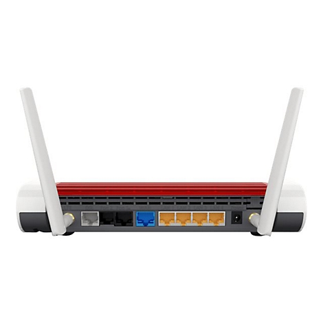 Rückseite eines rot-weißen Routers mit zwei Antennen und diversen LAN- sowie Telefonanschlüssen.