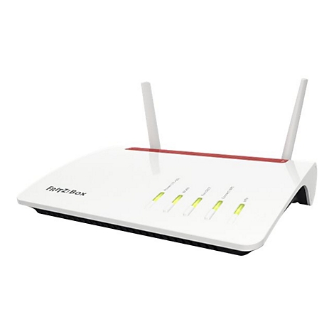 Weißer AVM FRITZ!Box Router mit zwei Antennen und leuchtenden Status-LEDs auf weißem Grund.