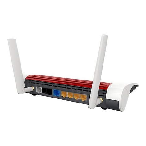 Rückseite eines rot-weißen WLAN-Routers mit zwei Antennen und diversen Anschlussbuchsen auf weißem Hintergrund.