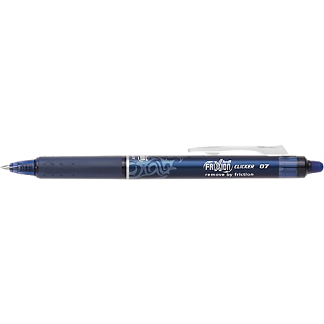Gedetailleerde weergave van een blauwe pen. De tekst op de pen luidt: "Frixion Clicker 07 remove by friction".