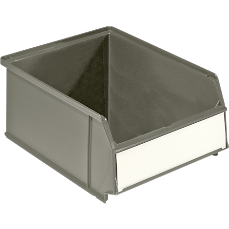 Gray plastic storage bin with a white label field. Open, angled shape.