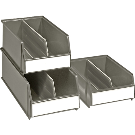 Metal containers in different arrangements, with white labels. A divider splits each container into two compartments.
