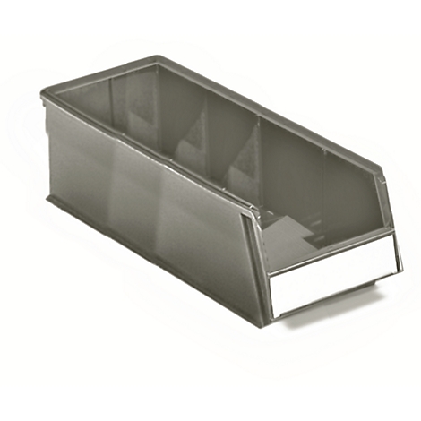 Gray plastic box with three compartments and a white label. Angled front.