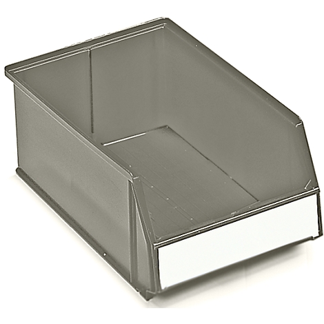Grey, empty metal storage bin. A white label is on the front.