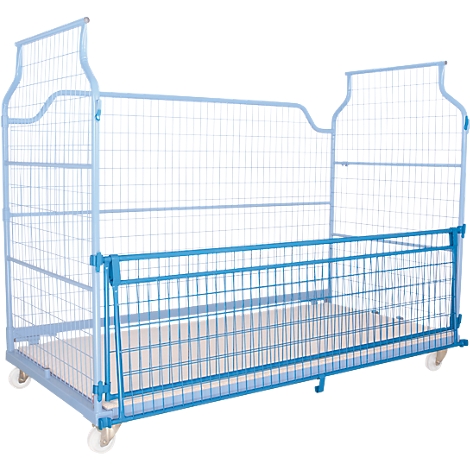Blue, rolling crib with square bottom and side grids. Delicate grids rise at the ends.