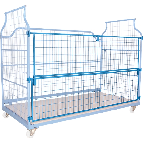 Light blue mesh cart frame with wooden base and wheels. For the transport of goods.