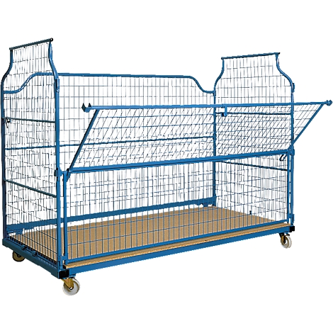Blue, rolling cage trolley, open flap. Wooden base plate, 4 wheels. Metal grid, angular. Two decorative, curved elements.