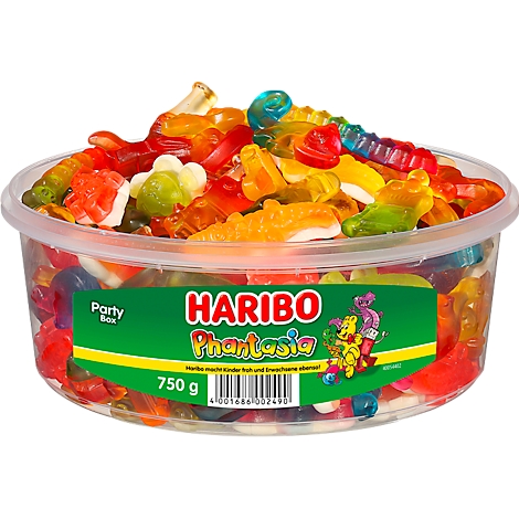 Haribo Phantasia partybox. Kleurrijke gummy snoepjes in een transparante doos, productbeschrijving is zichtbaar.