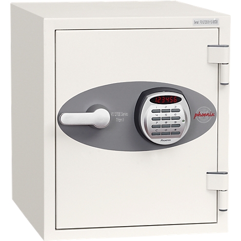 White safe with keypad. The numbers 123456 are displayed. A handle and the Phoenix logo are visible.