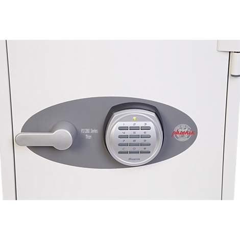 Detail of a white safe with number lock, handle, and brand logo.