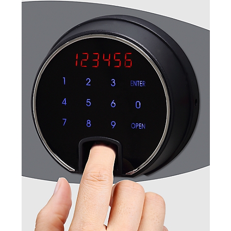 A finger touches a digital combination lock. Red numbers 123456. Blue numbers 1-9 and enter/open buttons.