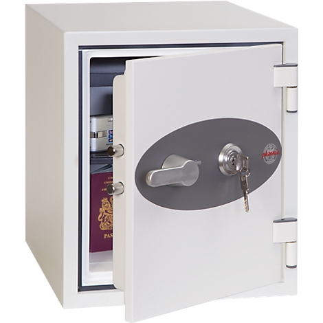 White safe, door open, key in lock. Passports and documents inside.