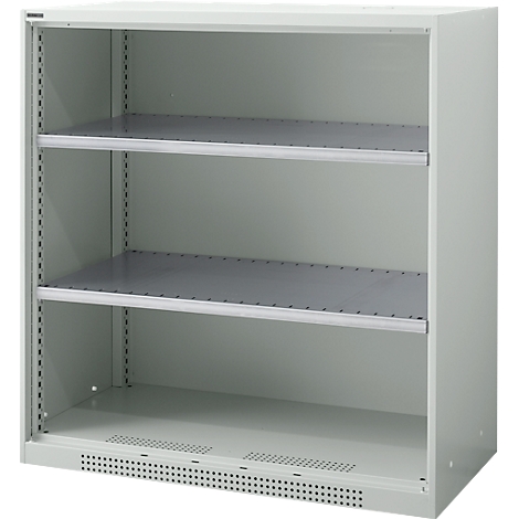 White cabinet with three shelves. The cabinet has ventilation slots at the bottom.