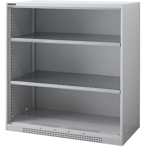 Grey, empty cabinet with three shelves. Holes for ventilation are in the bottom area.
