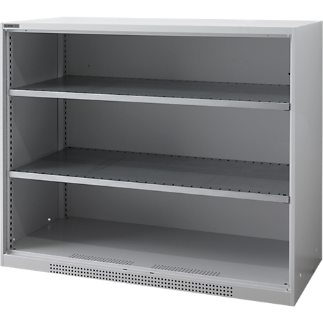 A grey cabinet with three shelves. The cabinet is empty and has a simple shape.