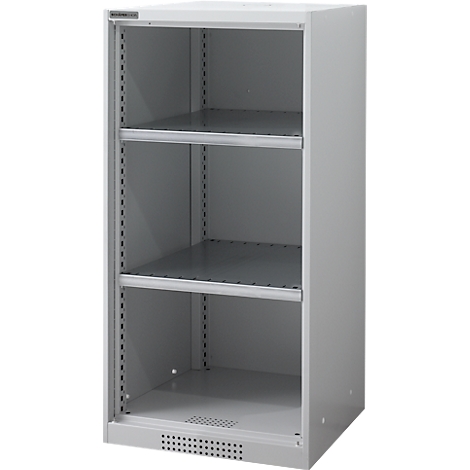 Open gray cabinet with three shelves. Small ventilation slots at the bottom.