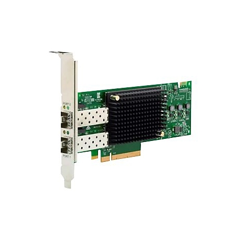 Grüne Netzwerkkarte mit Kühlkörper und zwei SFP-Ports an einer Metallblende.