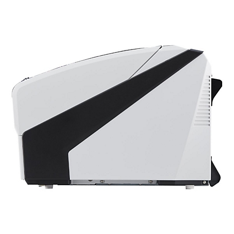 Vue latérale d'un appareil blanc avec une bande diagonale noire et des fentes de ventilation. Debout sur une surface gris clair.