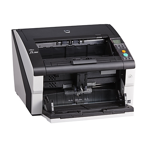 Un scanner Fujitsu fi-7800 gris et noir avec compartiments ouverts et un panneau de commande.