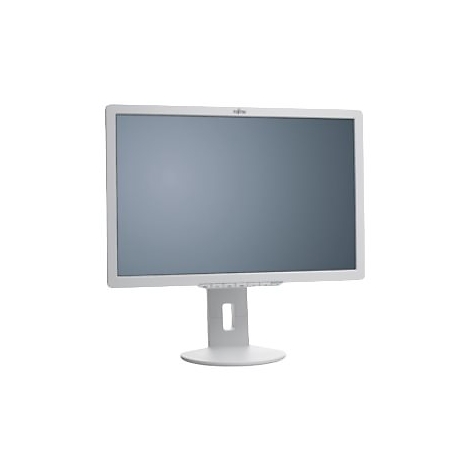 Ein weißer Fujitsu Computermonitor steht vor einem neutralen Hintergrund.