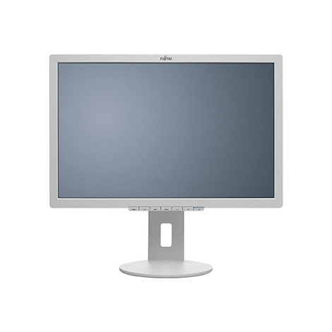 Grauer Fujitsu Monitor mit schlichtem Standfuß auf weißem Hintergrund.