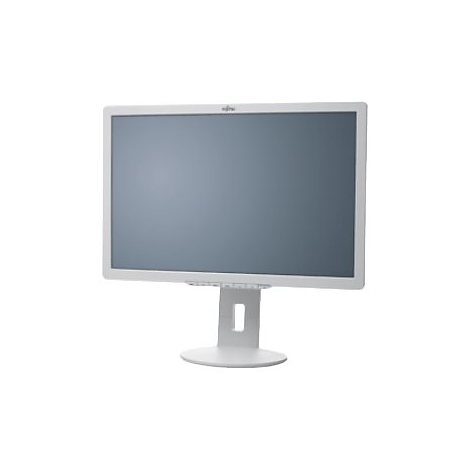 Weißer Fujitsu-Monitor mit grauem Display auf einem Standfuß vor weißem Hintergrund.