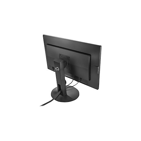 Rückansicht eines schwarzen Fujitsu-Monitors auf einem runden Standfuß vor weißem Hintergrund.