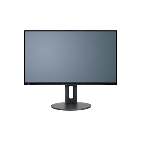 Schwarzer Fujitsu Monitor mit schmalem Rahmen auf einem runden Standfuß vor weißem Hintergrund.