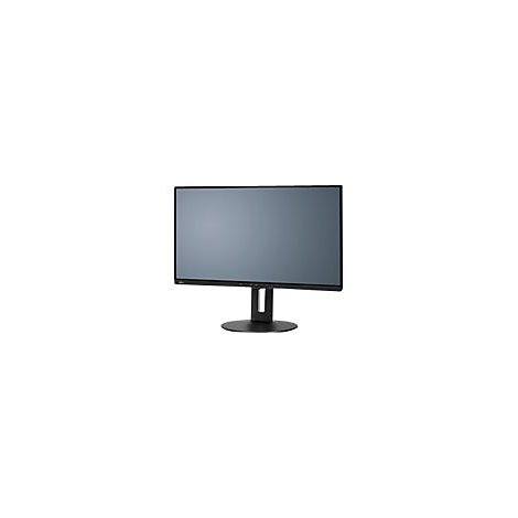 Schwarzer Computerbildschirm auf einem Standfuß vor weißem Hintergrund.